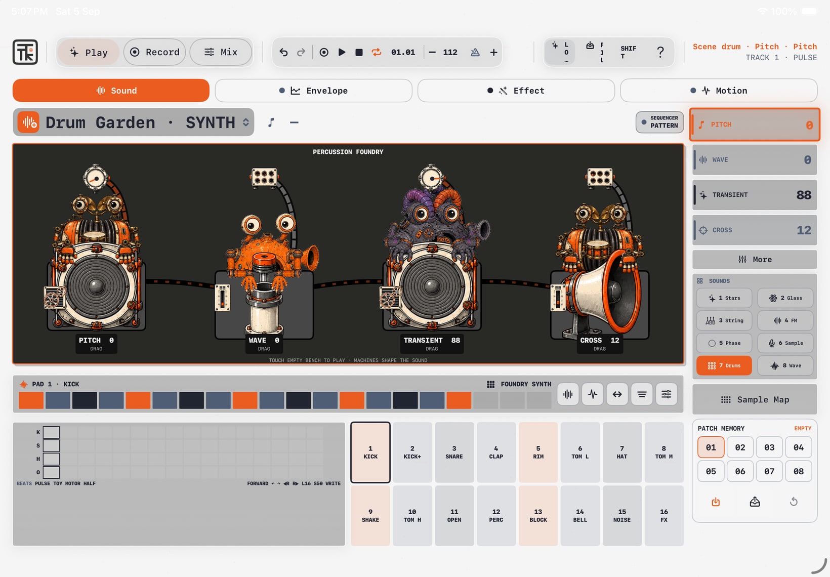 Actual Tonkro iPad development build: Drum synthesis · Performance pads · Sequencing